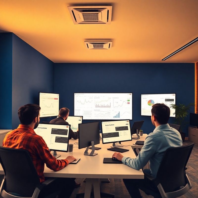 Birou modern din România cu echipă analizând date pe monitoare mari